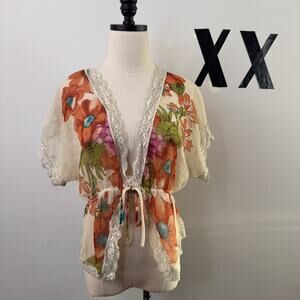 Y2K Floral Sheer Butterfly Kimono Top Lace Trim Tie Waist Indie Fairy Festival M